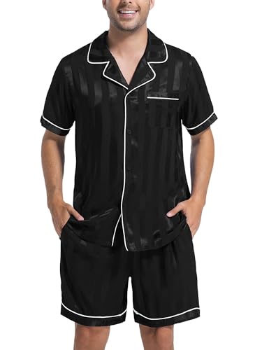 DEARCASE Men Satin Silk Pajamas Set with Pockets Black Stripe